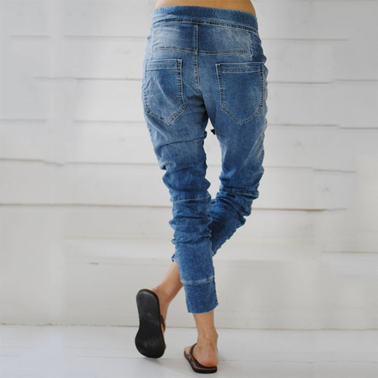 Damen lässige Denim-Haremshose mit Gummizug und tiefem Schritt
