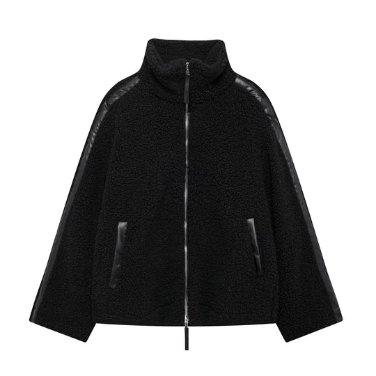 Damen-Teddyfleece-Jacke, Stehkragen, Reißverschluss, Oversized