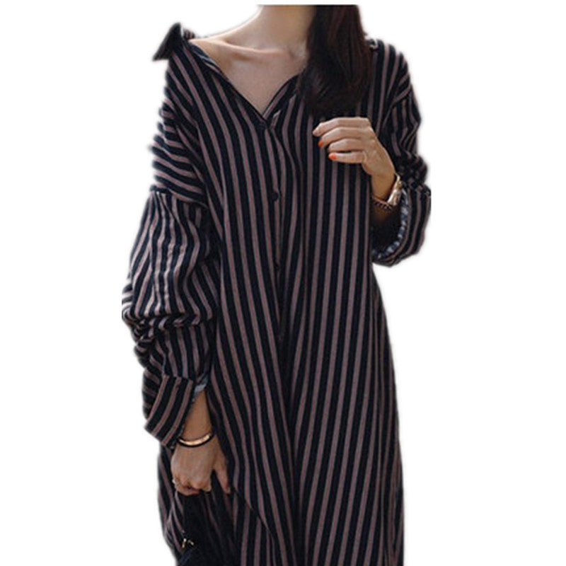 Damen Oversize-Hemdkleid mit vertikalen Streifen, V-Ausschnitt und Ballonärmeln Shop Nory