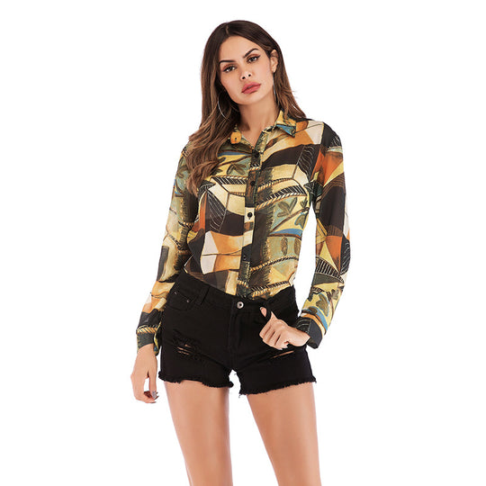 Damen Bedruckte Hemdbluse mit grafischem Patchwork-Print & Knopfleiste Shop Nory