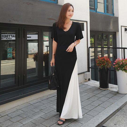 Damen Langer zweifarbiger Maxirock mit kontrastierendem Einsatz und geschlitzter A-Linien-Silhouette Shop Nory