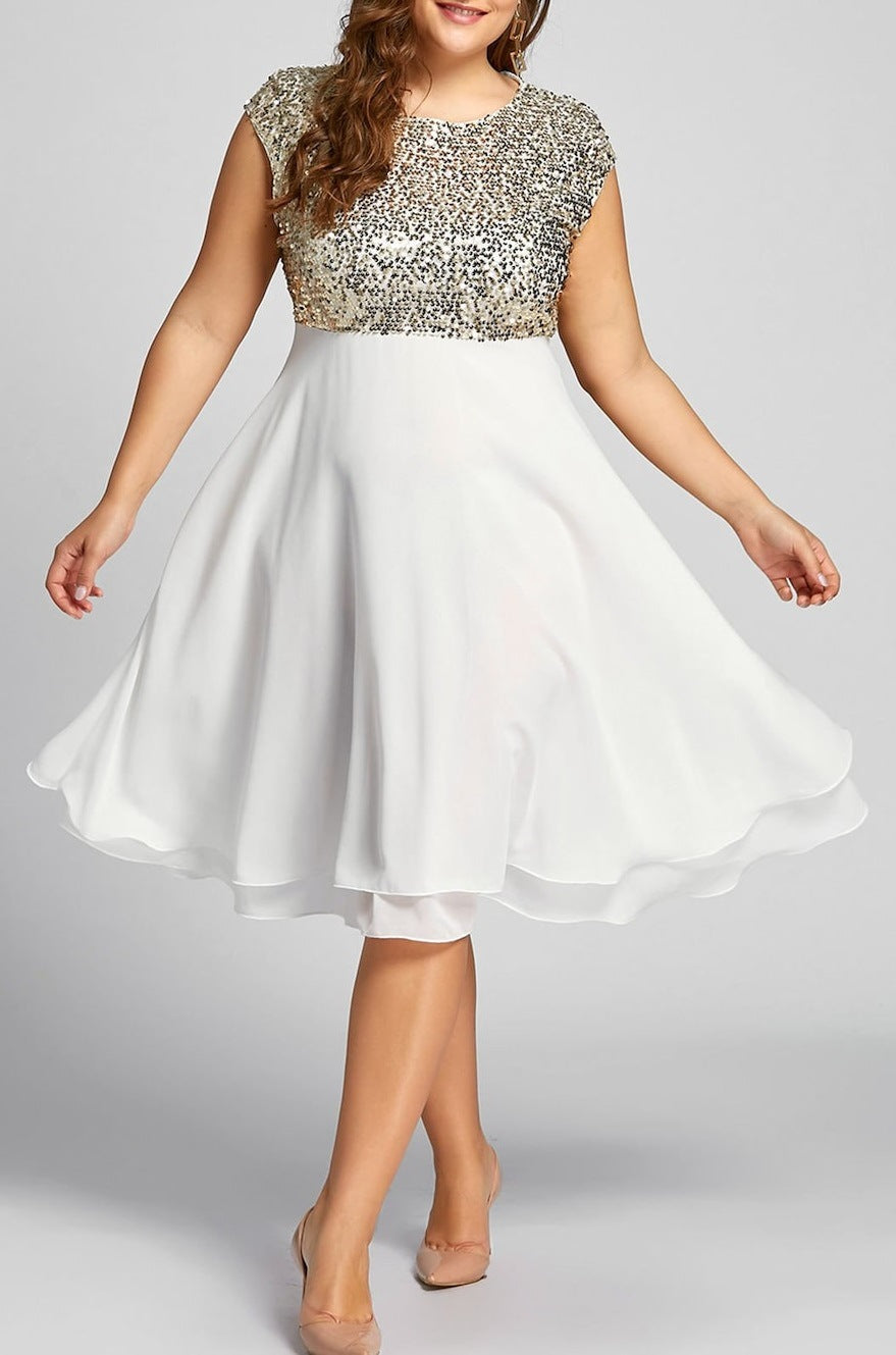 Damen Elegantes Cocktailkleid mit schimmerndem Oberteil und schwingendem Rock Shopnory