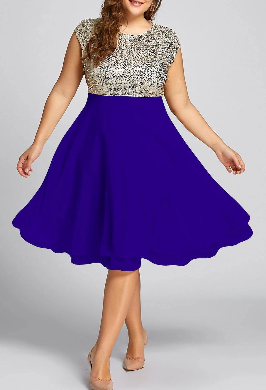Damen Elegantes Cocktailkleid mit schimmerndem Oberteil und schwingendem Rock Shopnory