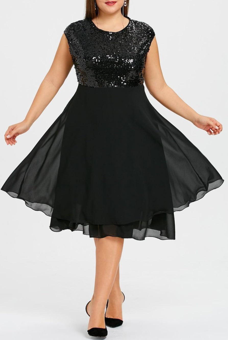 Damen Elegantes Cocktailkleid mit schimmerndem Oberteil und schwingendem Rock Shopnory
