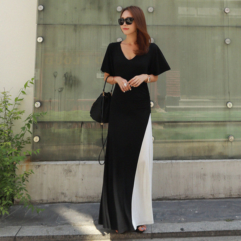 Damen Langer zweifarbiger Maxirock mit kontrastierendem Einsatz und geschlitzter A-Linien-Silhouette Shop Nory