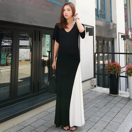 Damen Langer zweifarbiger Maxirock mit kontrastierendem Einsatz und geschlitzter A-Linien-Silhouette Shop Nory
