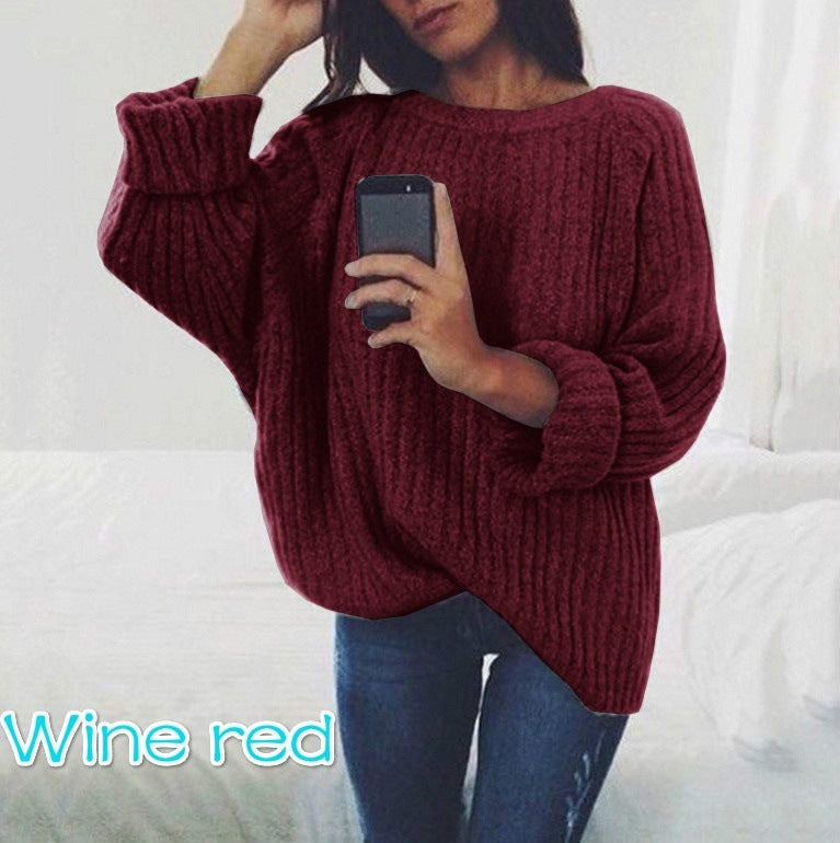 Damen Grobstrickpullover mit lockerem Schnitt und weitem Rundhalsausschnitt