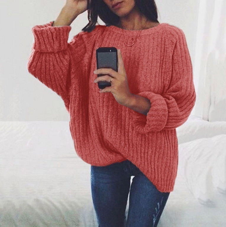 Damen Grobstrickpullover mit lockerem Schnitt und weitem Rundhalsausschnitt