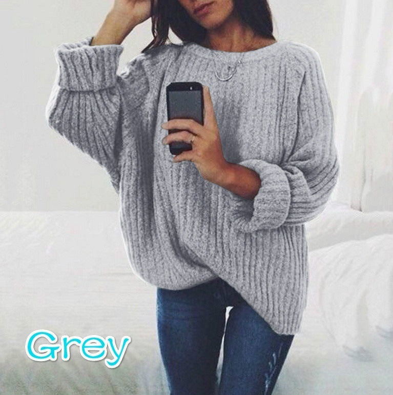 Damen Grobstrickpullover mit lockerem Schnitt und weitem Rundhalsausschnitt