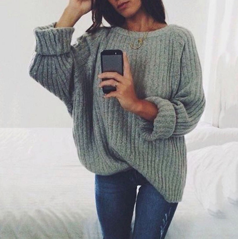 Damen Grobstrickpullover mit lockerem Schnitt und weitem Rundhalsausschnitt