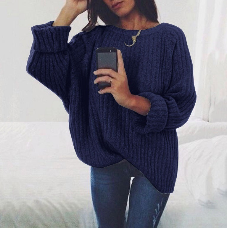 Damen Grobstrickpullover mit lockerem Schnitt und weitem Rundhalsausschnitt