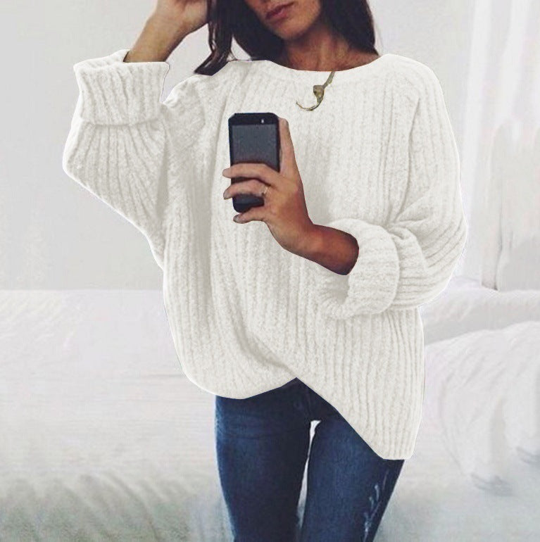 Damen Grobstrickpullover mit lockerem Schnitt und weitem Rundhalsausschnitt