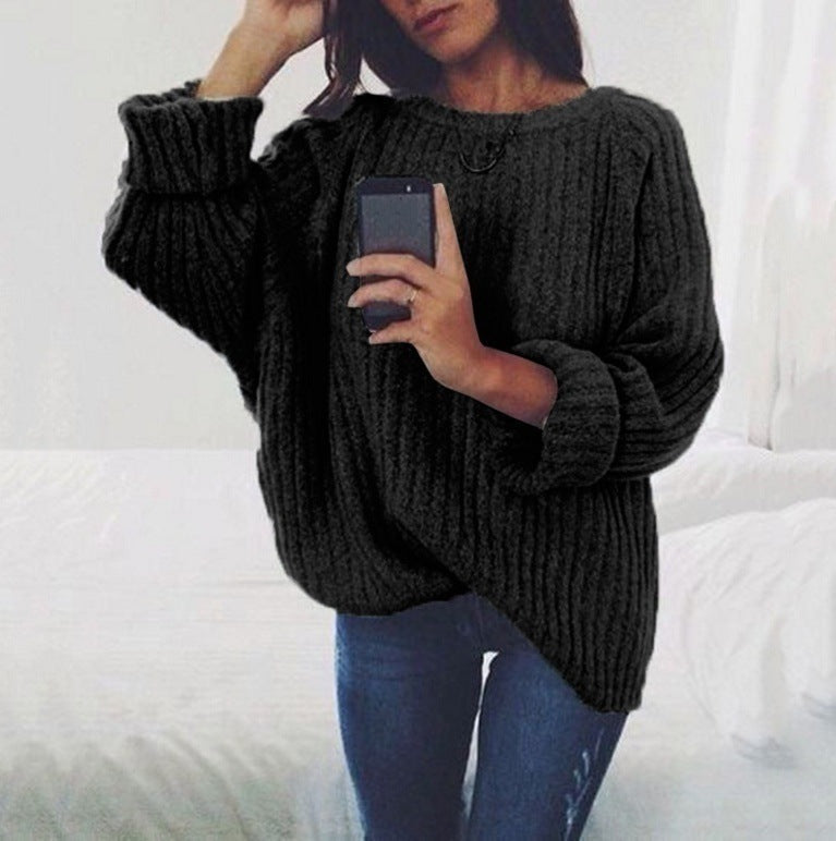 Damen Grobstrickpullover mit lockerem Schnitt und weitem Rundhalsausschnitt