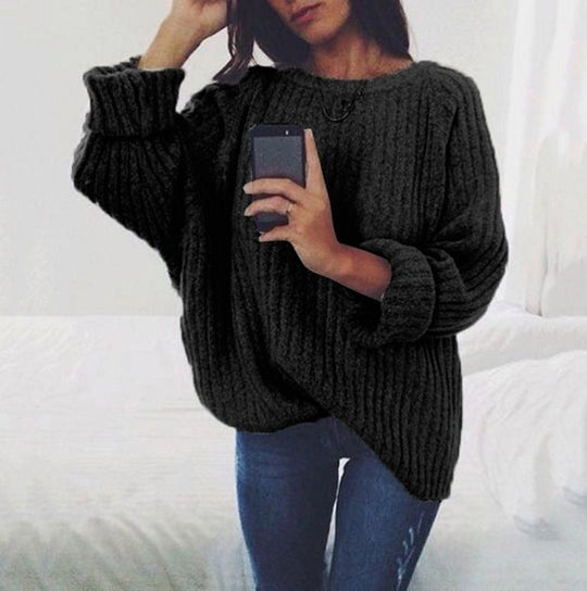 Damen Grobstrickpullover mit lockerem Schnitt und weitem Rundhalsausschnitt