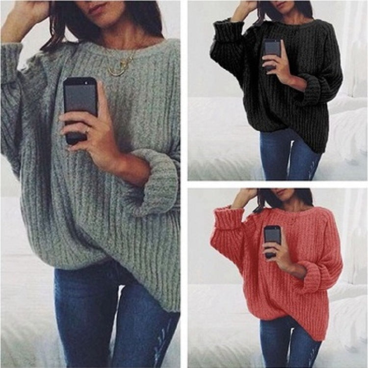 Damen Grobstrickpullover mit lockerem Schnitt und weitem Rundhalsausschnitt