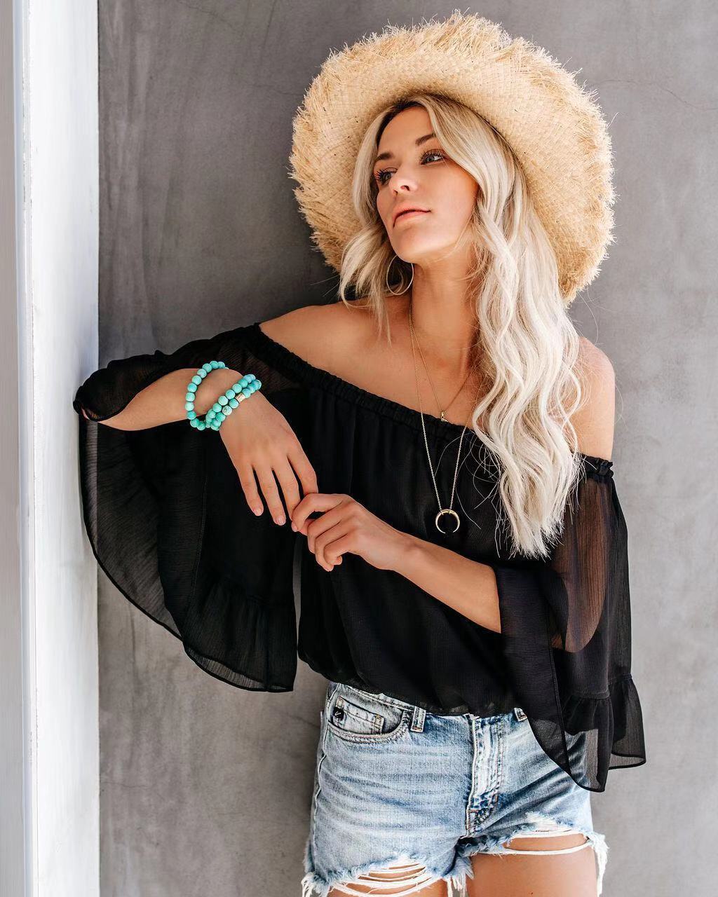 Damen Bluse mit weitem Ärmel und off-shoulder Design Shopnory