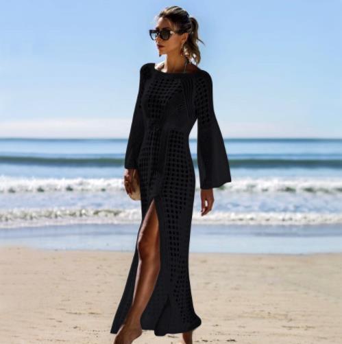 Damen Häkel-Strandkleid mit tiefem V-Ausschnitt und voluminösen Ärmeln