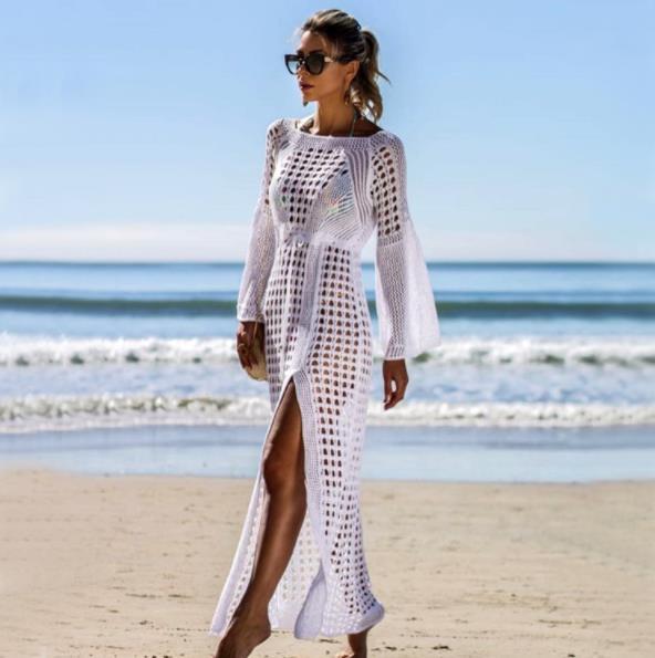 Damen Häkel-Strandkleid mit tiefem V-Ausschnitt und voluminösen Ärmeln