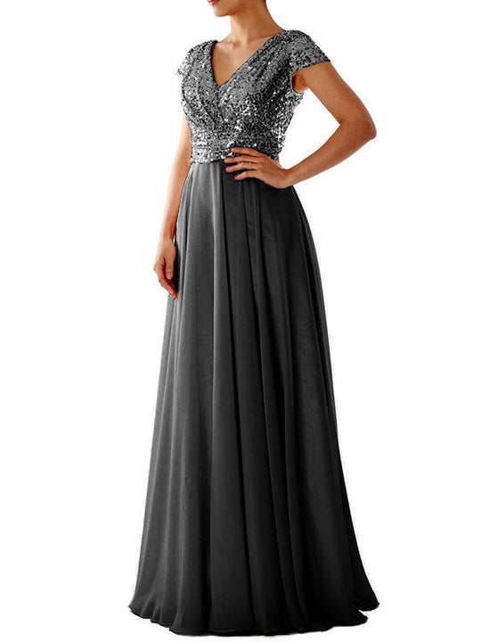 Damen Kleider V-Ausschnitt Paillette Chiffon Paneel Maxi Kleid