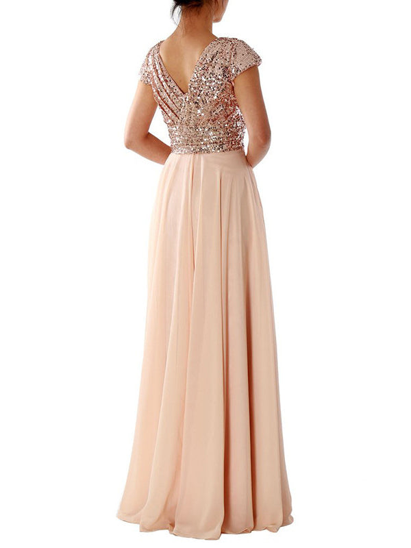 Damen Kleider V-Ausschnitt Paillette Chiffon Paneel Maxi Kleid