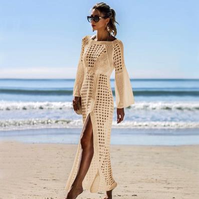 Damen Häkel-Strandkleid mit tiefem V-Ausschnitt und voluminösen Ärmeln