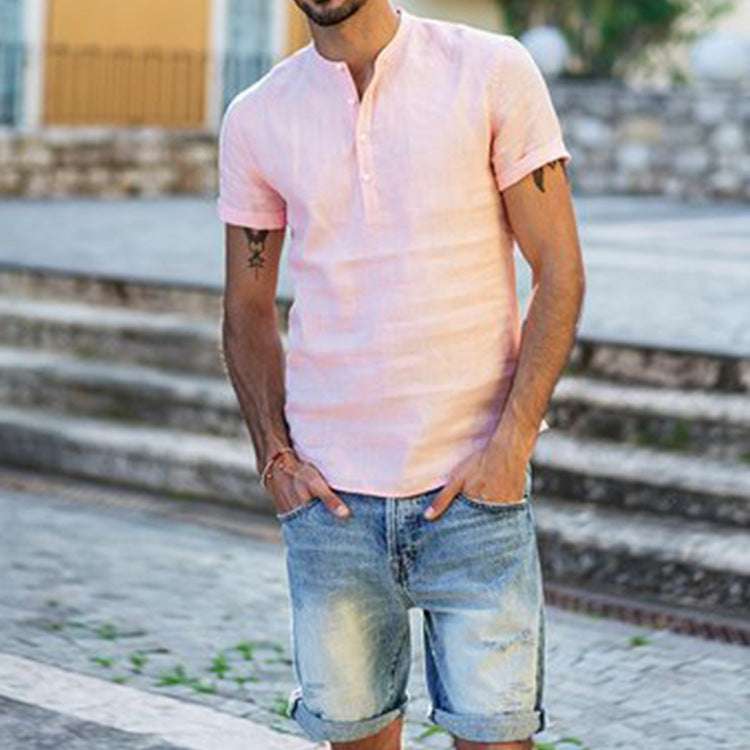 Herren Kurzarm Henley-Hemd aus luftiger Baumwolle mit modernem Stehkragen