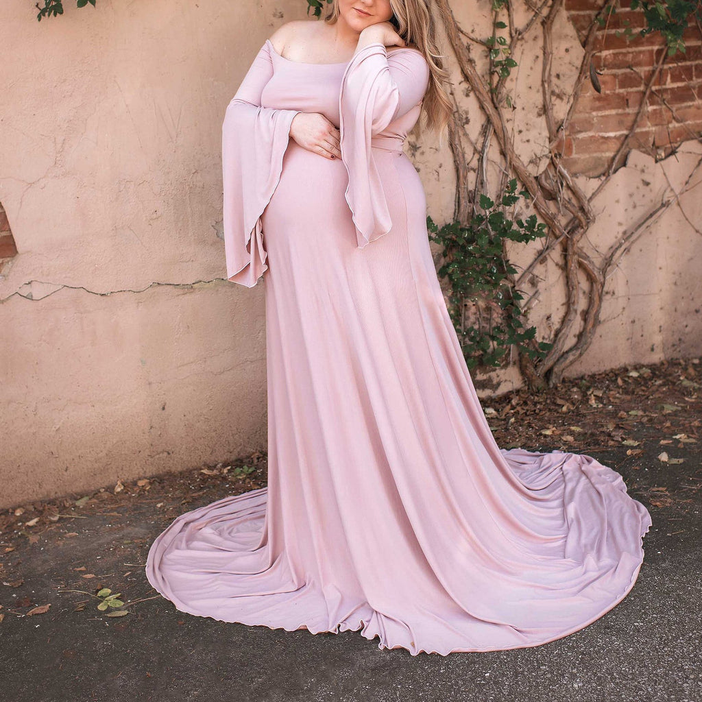 Damen Umstands-Maxikleid mit schulterfreiem Design und fließenden Ärmeln