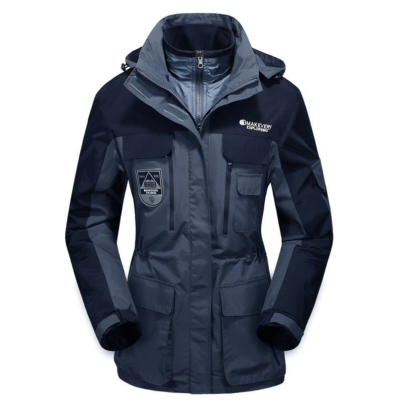 Herren wasserdichte atmungsaktive dreiteilige Outdoor-Expeditionsjacke mit Kapuze und Mehrzwecktaschen Shop Nory