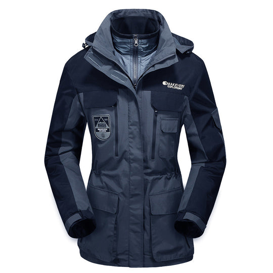 Herren wasserdichte atmungsaktive dreiteilige Outdoor-Expeditionsjacke mit Kapuze und Mehrzwecktaschen Shop Nory