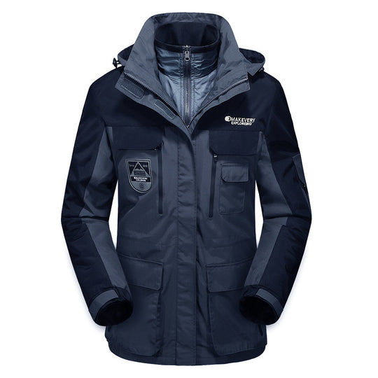 Herren wasserdichte atmungsaktive dreiteilige Outdoor-Expeditionsjacke mit Kapuze und Mehrzwecktaschen Shop Nory