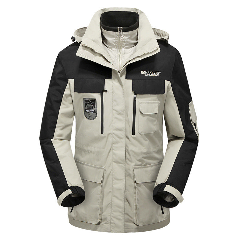 Herren wasserdichte atmungsaktive dreiteilige Outdoor-Expeditionsjacke mit Kapuze und Mehrzwecktaschen Shop Nory