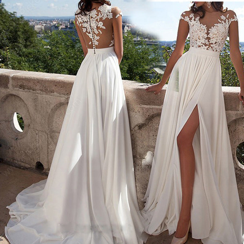 Damen Hochzeitskleid mit elegantem Spitzen-Oberteil und fließendem Rock