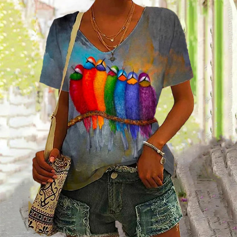 Bunte T-Shirt mit Abstraktem Vogel