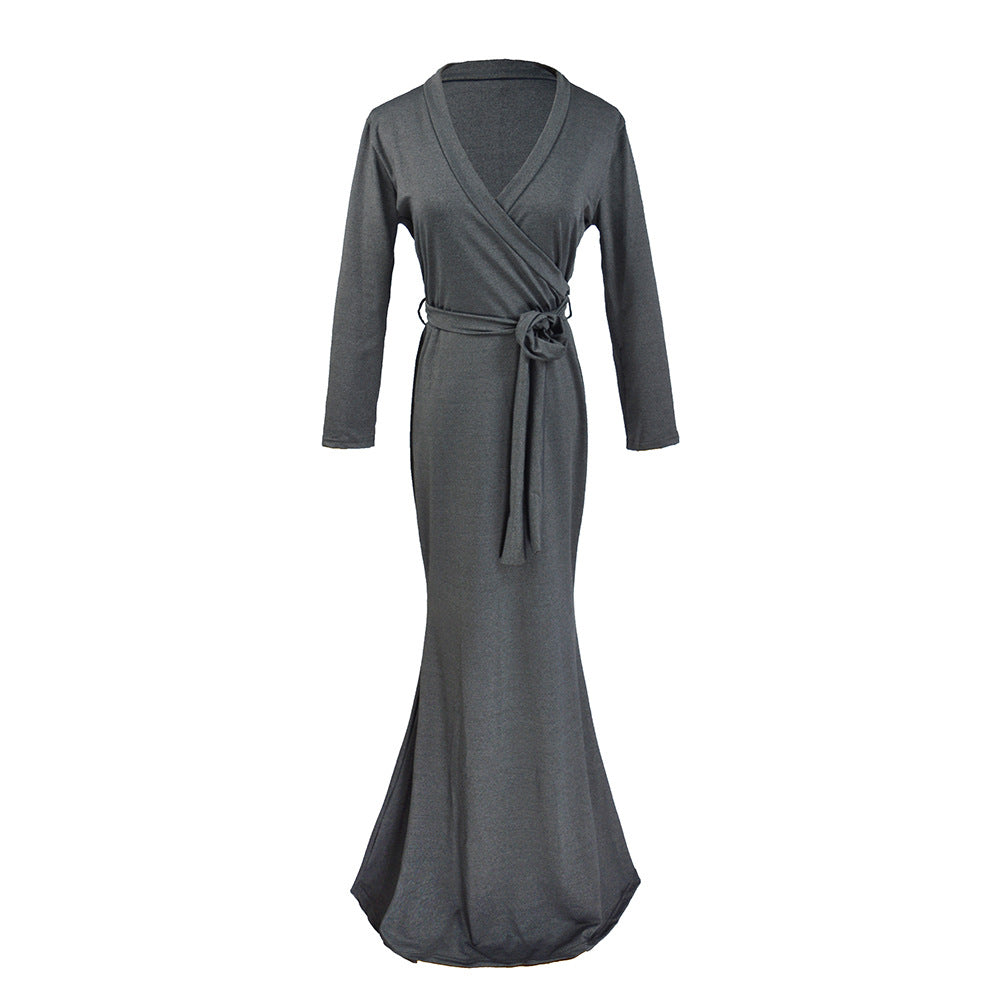 Damen Wickel‑Maxikleid mit Taillenschärpe, figurbetonter Silhouette & 3/4‑Ärmeln Shop Nory