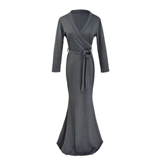 Damen Wickel‑Maxikleid mit Taillenschärpe, figurbetonter Silhouette & 3/4‑Ärmeln Shop Nory