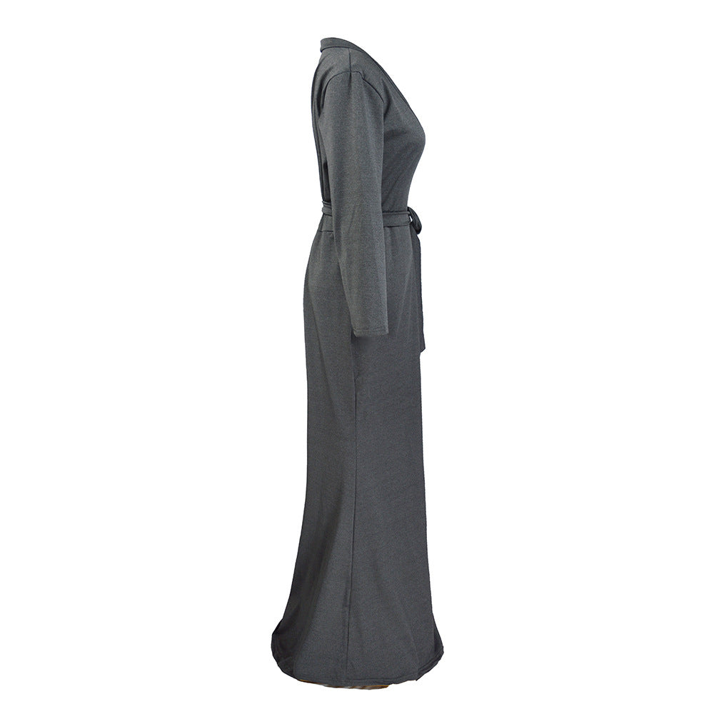 Damen Wickel‑Maxikleid mit Taillenschärpe, figurbetonter Silhouette & 3/4‑Ärmeln Shop Nory