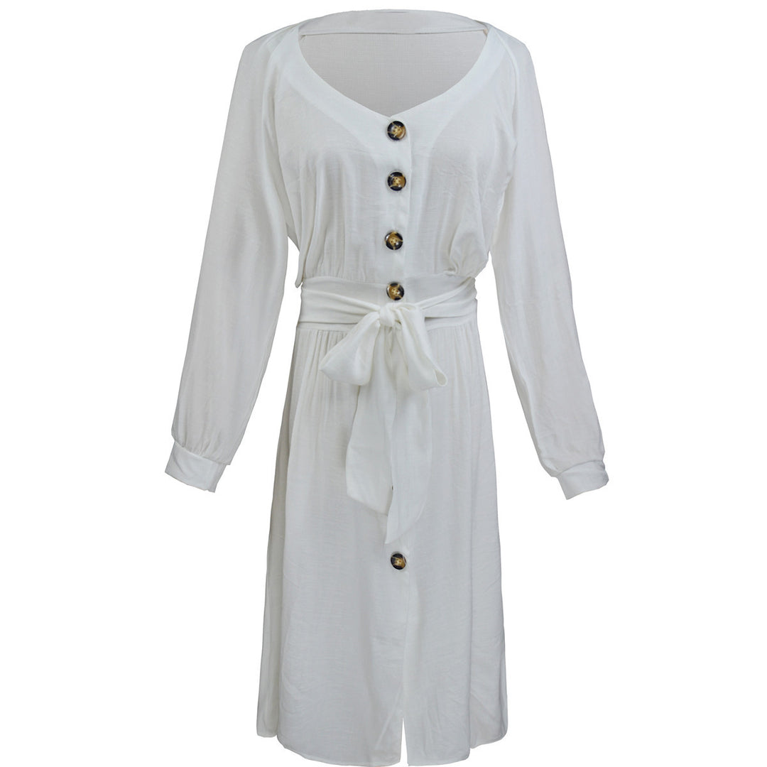 Damen Leichtes Viskose-Midikleid mit Taillenschärpe, Knopfleiste und Beinschlitz Shop Nory