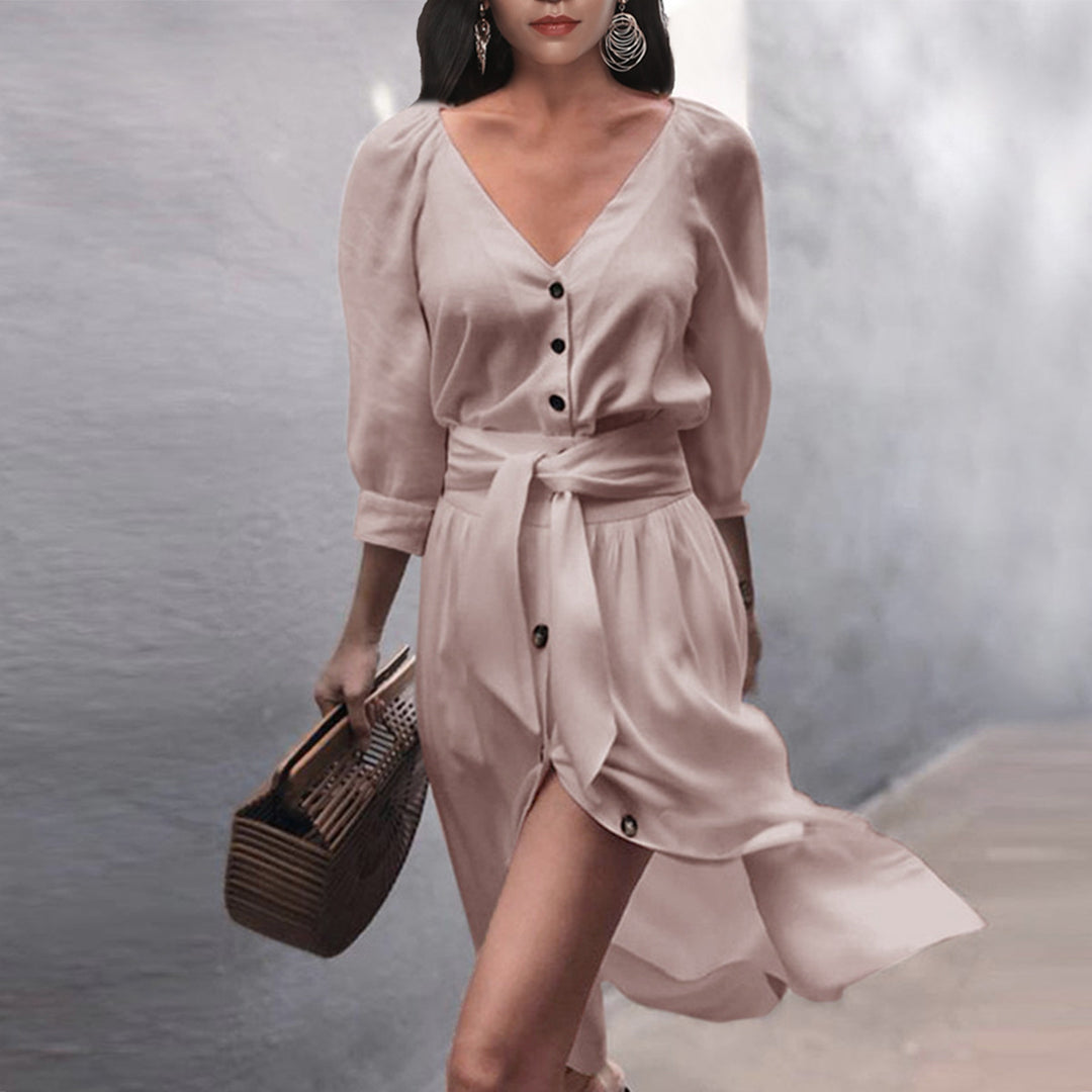 Damen Leichtes Viskose-Midikleid mit Taillenschärpe, Knopfleiste und Beinschlitz Shop Nory