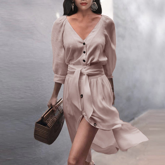 Damen Leichtes Viskose-Midikleid mit Taillenschärpe, Knopfleiste und Beinschlitz Shop Nory