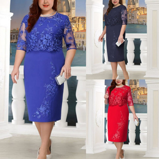 Damen Elegantes Spitzen-Overlay Etui-Kleid mit besticktem Chiffonoberteil und halbtransparenten Ärmeln Shop Nory