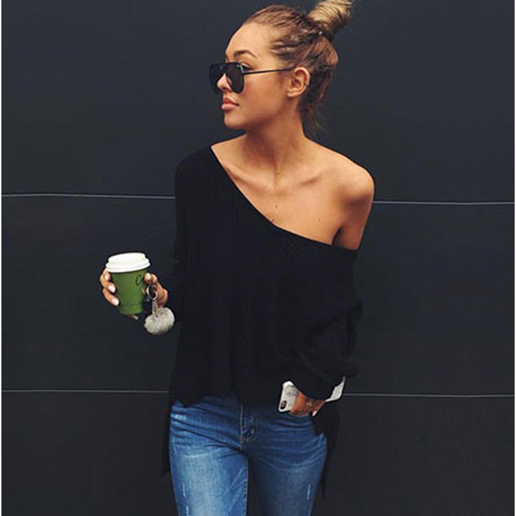 Damen lässiger Oversized Pullover mit asymmetrischem Schnitt und tiefem Rundhalsausschnitt
