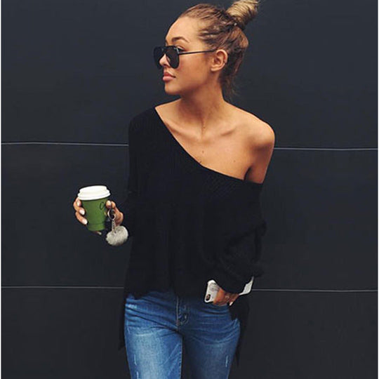 Damen lässiger Oversized Pullover mit asymmetrischem Schnitt und tiefem Rundhalsausschnitt