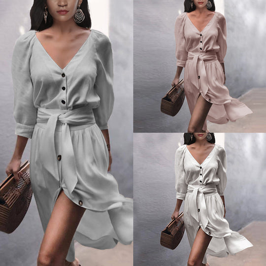 Damen Leichtes Viskose-Midikleid mit Taillenschärpe, Knopfleiste und Beinschlitz Shop Nory