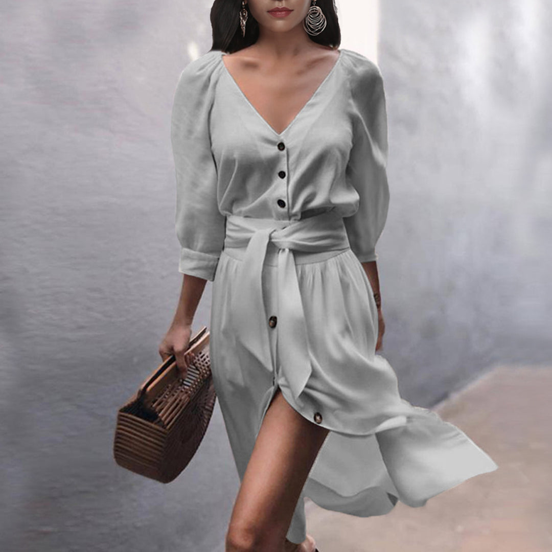 Damen Leichtes Viskose-Midikleid mit Taillenschärpe, Knopfleiste und Beinschlitz Shop Nory
