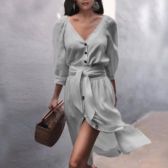 Damen Leichtes Viskose-Midikleid mit Taillenschärpe, Knopfleiste und Beinschlitz Shop Nory