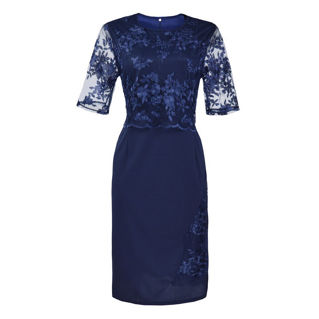 Damen Elegantes Spitzen-Overlay Etui-Kleid mit besticktem Chiffonoberteil und halbtransparenten Ärmeln Shop Nory