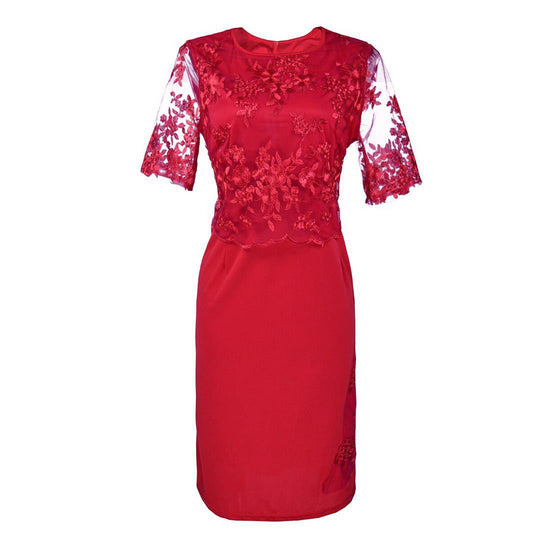 Damen Elegantes Spitzen-Overlay Etui-Kleid mit besticktem Chiffonoberteil und halbtransparenten Ärmeln Shop Nory