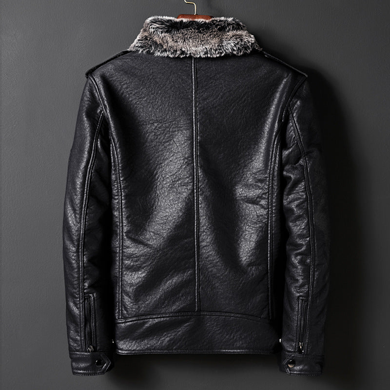 Herren Lederimitatjacke mit Kunstfellkragen und militärischen Abzeichen Shop Nory