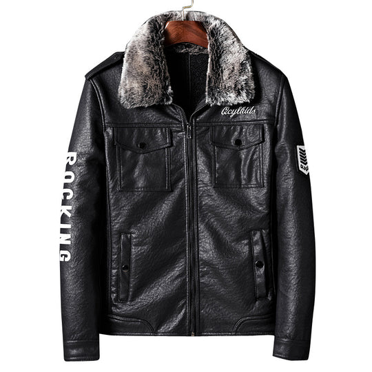 Herren Lederimitatjacke mit Kunstfellkragen und militärischen Abzeichen Shop Nory