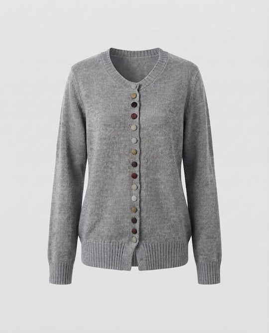 Damen Feiner V-Ausschnitt-Cardigan mit mehrfarbigen Zierknöpfen und geripptem Saum Shop Nory